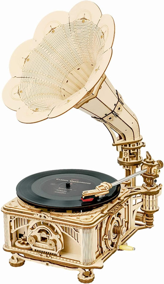 ROKR 3D Wooden Puzzles Gramophone for Adults - Record Player Support 7"/10" Vinyl Building Gift