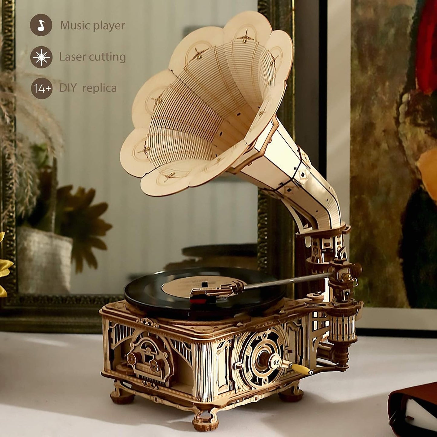 ROKR 3D Wooden Puzzles Gramophone for Adults - Record Player Support 7"/10" Vinyl Building Gift