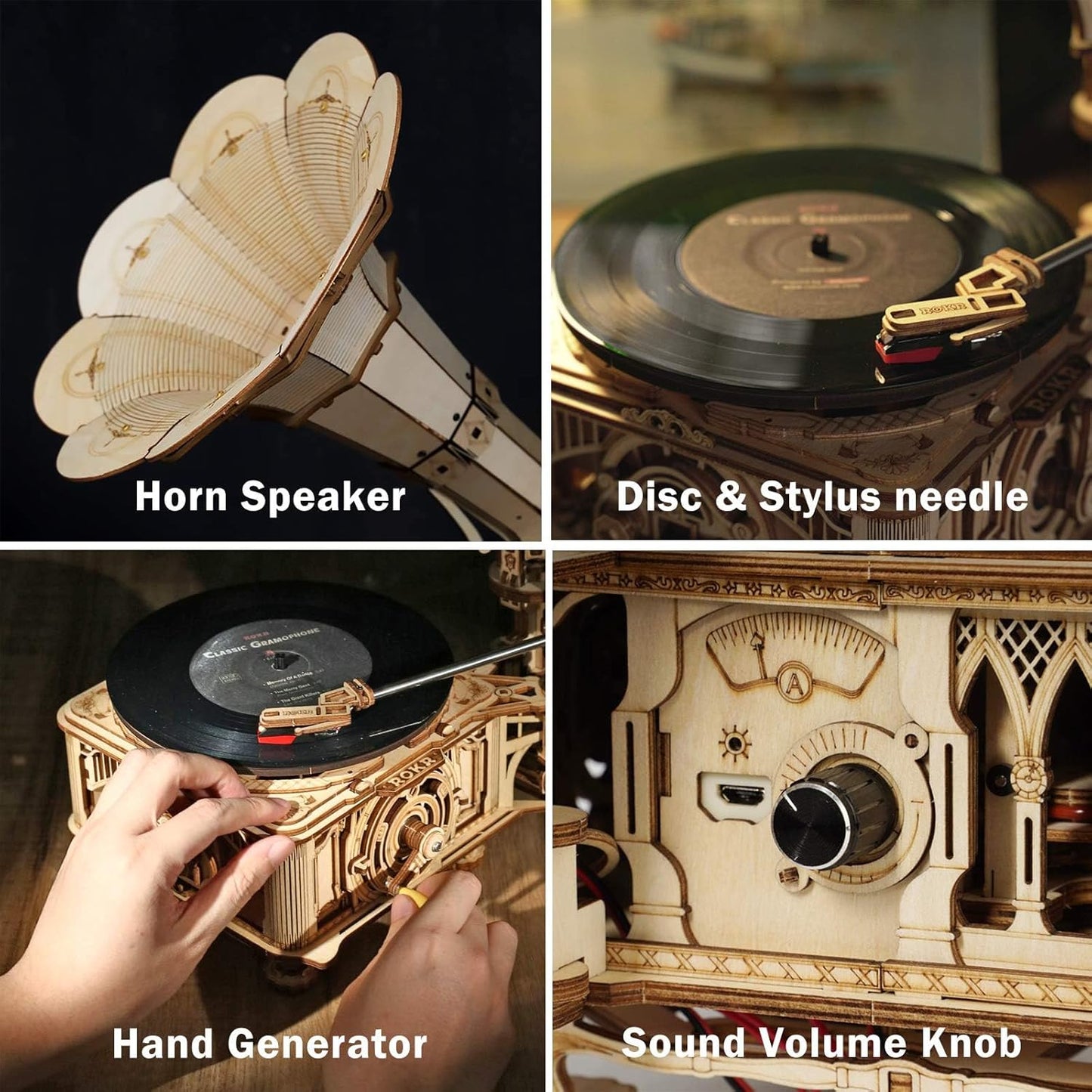 ROKR 3D Wooden Puzzles Gramophone for Adults - Record Player Support 7"/10" Vinyl Building Gift