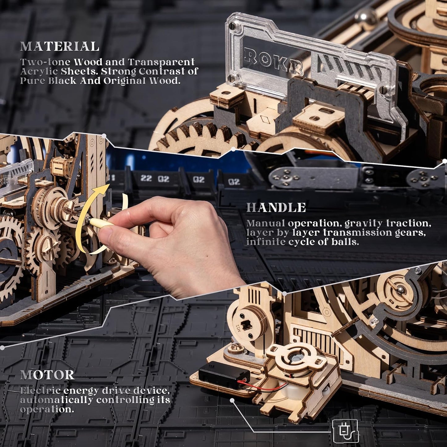 ROKR Model Kits Marble Spaceport LGC01, 472pcs Marble Run Brain Teaser Wooden Puzzles Building Toy