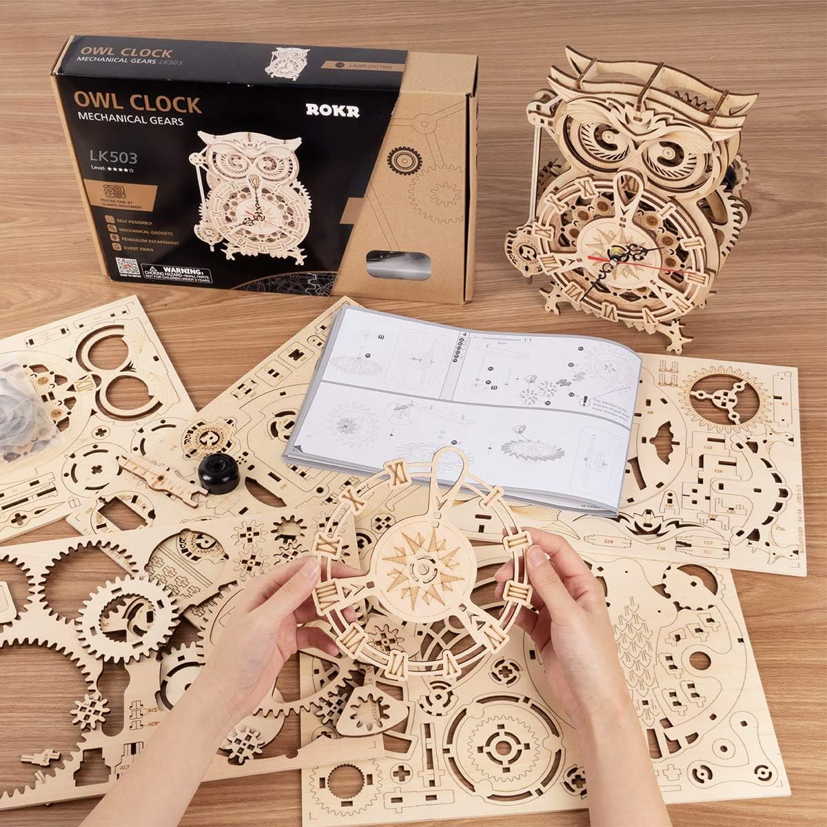 ROKR Owl Clock - Mechanical Model Building Kit DIY Hobbies for Men Women 161PCS Clock Puzzle