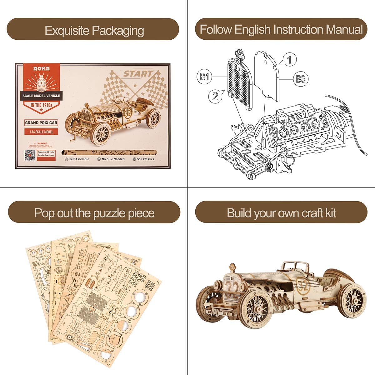 ROKR 3D Wooden Puzzle for Adults-Mechanical Car Model Kit-Unique Gift for Kids