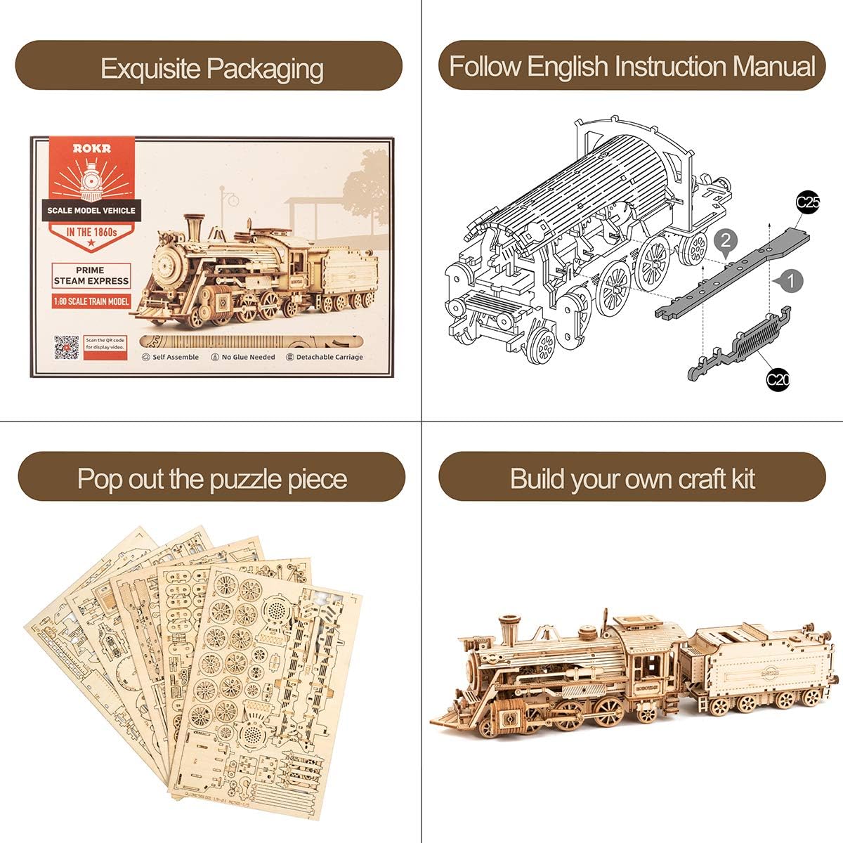 ROKR 3D Wooden Puzzle for Adults-Mechanical Train Model Kit-Unique Gift for Kids