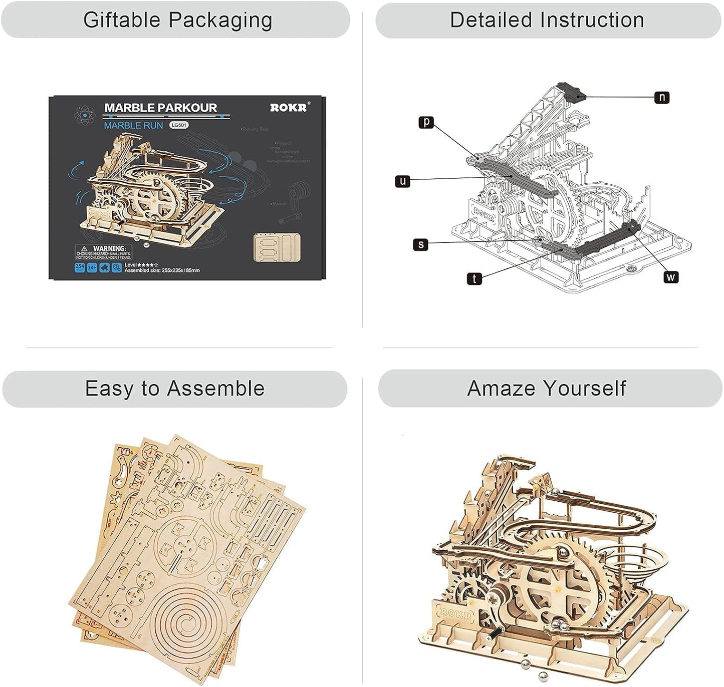 ROKR 3D Wooden Puzzles Marble Run Set - Mechanical Model Kit for Adults DIY Roller Coaster Toys Gifts for Boys/Girls (Marble Parkour)