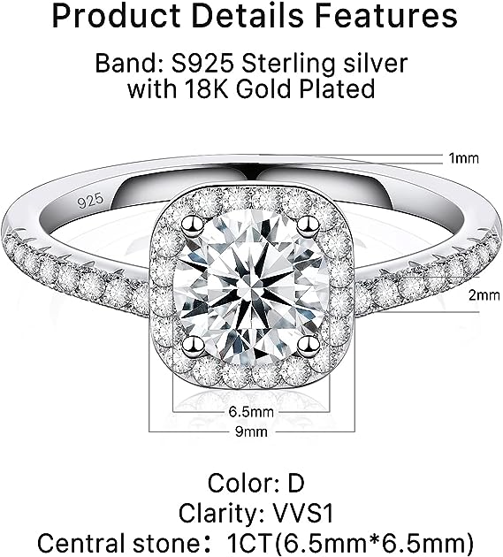 Moissanite Engagement Rings 18K White Gold Plated Halo 1CT D Color VVS1 Clarity Round Cut