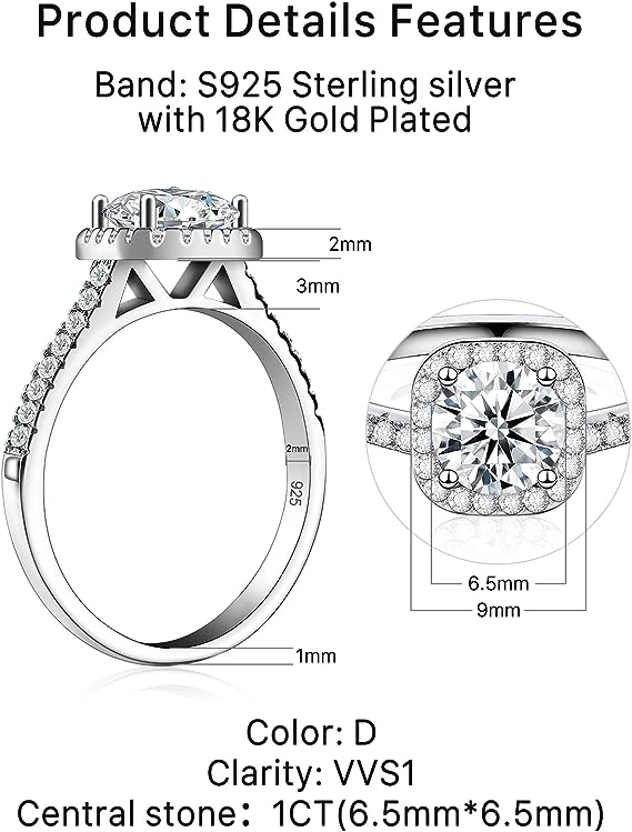 Moissanite Engagement Rings 18K White Gold Plated Halo 1CT D Color VVS1 Clarity Round Cut