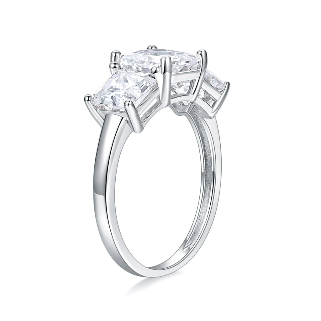 1 CTW DEW Square Moissanite Three Stone with Side Accents Ring in 14K White Gold