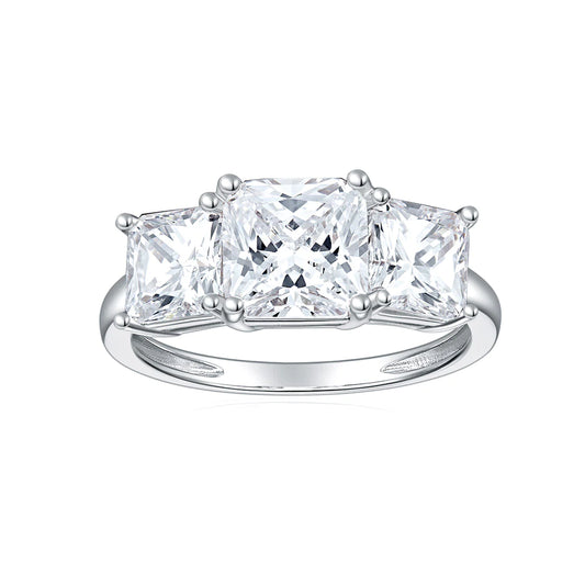 1 CTW DEW Square Moissanite Three Stone with Side Accents Ring in 14K White Gold