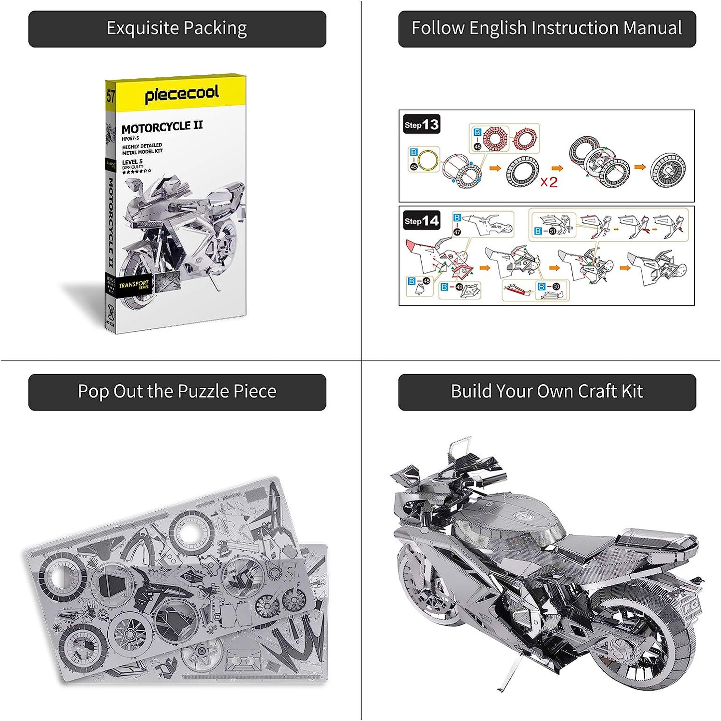 Piececool 3D Metal Puzzles for Adults, DIY 3D Motorcycle Model Kits, Great Birthday Gifts, 72 Pcs