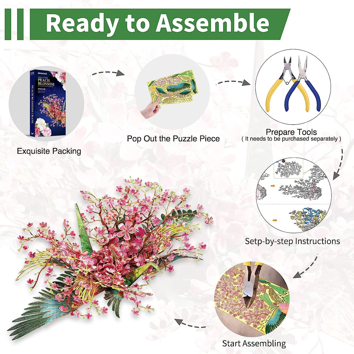 Piececool Peach Blossom Wish Cranes Model Building Kits, 65Pcs