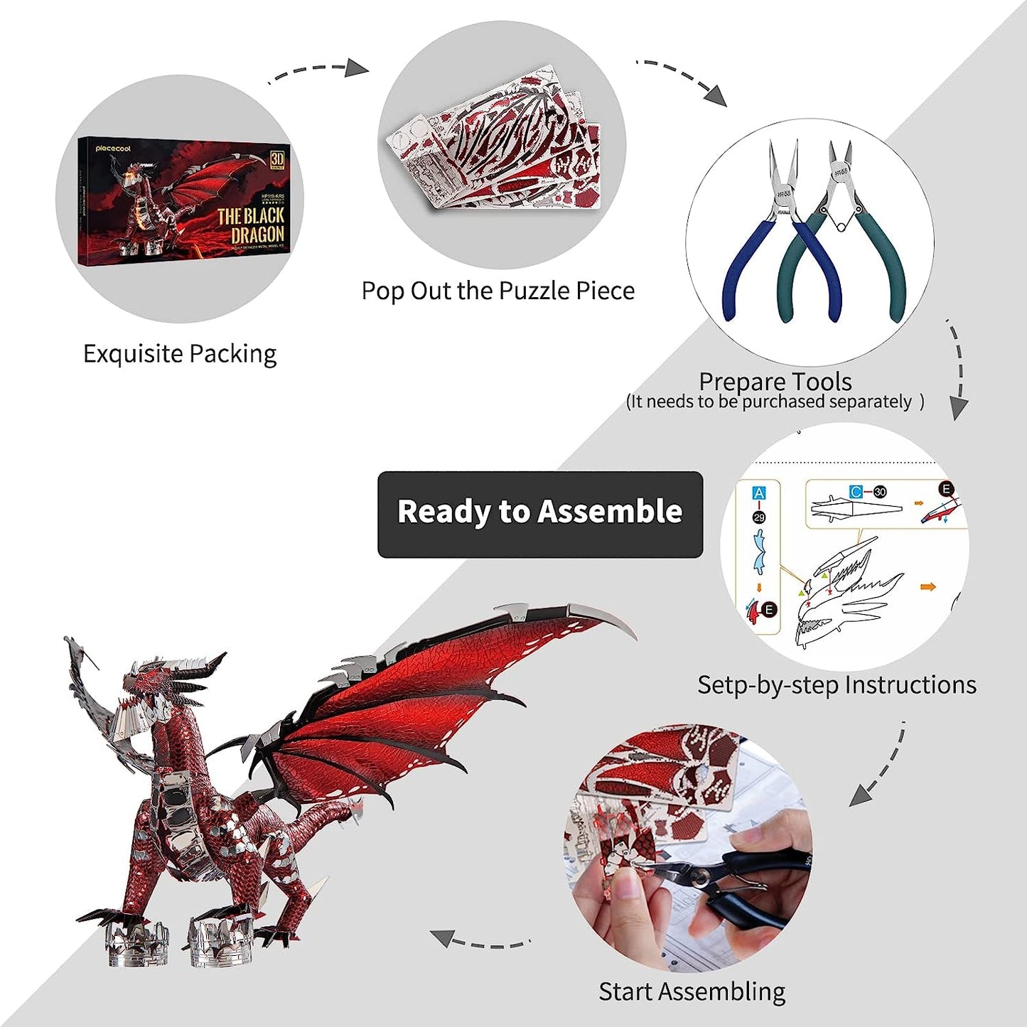 Piececool Black Dragon King 3D Metal Model Building Kits with DIY Tools Set