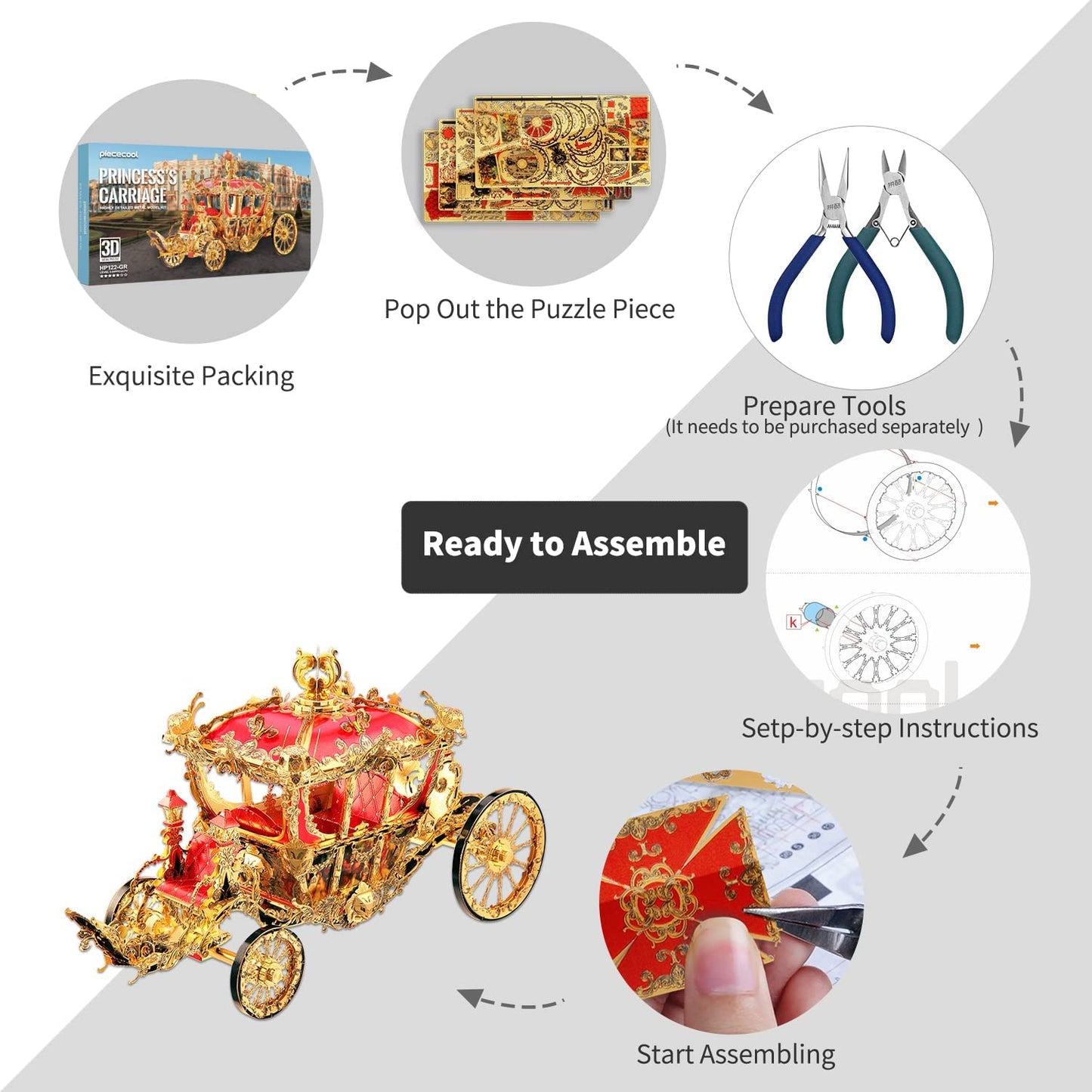 Piececool Princess Carriage Model Kits DIY Brain Teaser Puzzles 3D Metal Model Building Kits