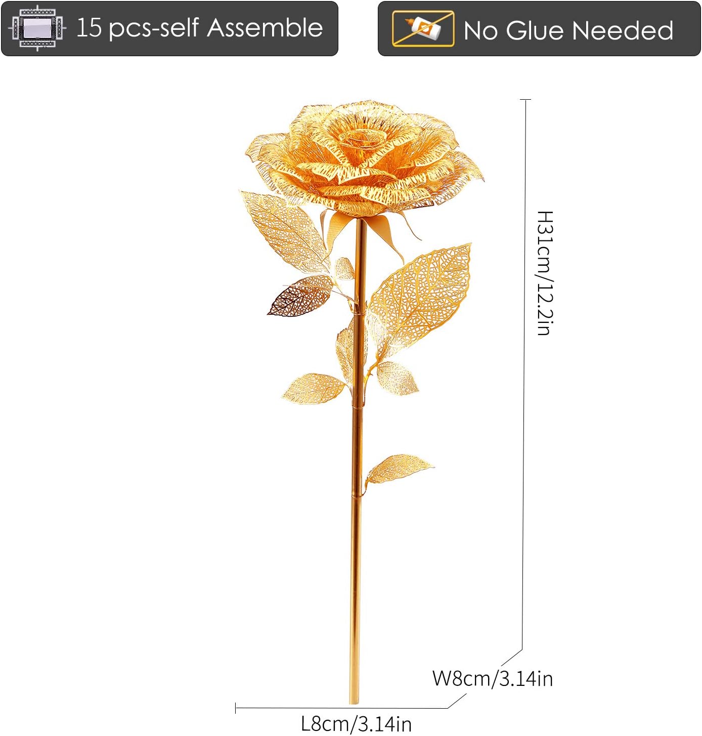 Piececool 3D Metal Puzzles Rose Flower Model Kits, 15Pcs Gold