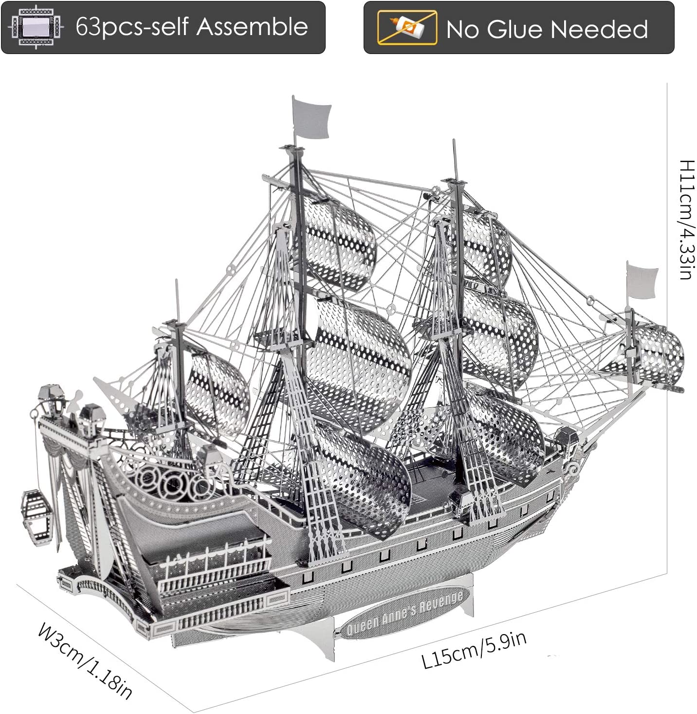 Piececool Queen Anne's Revenge Ship Models Building Kits Silver 3D Puzzle Toy, Great Birthday Gift -63Pcs