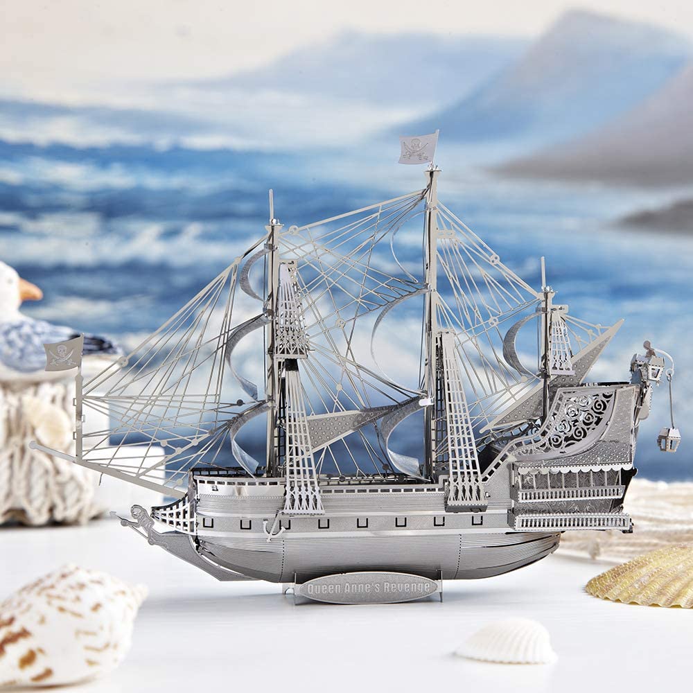 Piececool Queen Anne's Revenge Ship Models Building Kits Silver 3D Puzzle Toy, Great Birthday Gift -63Pcs