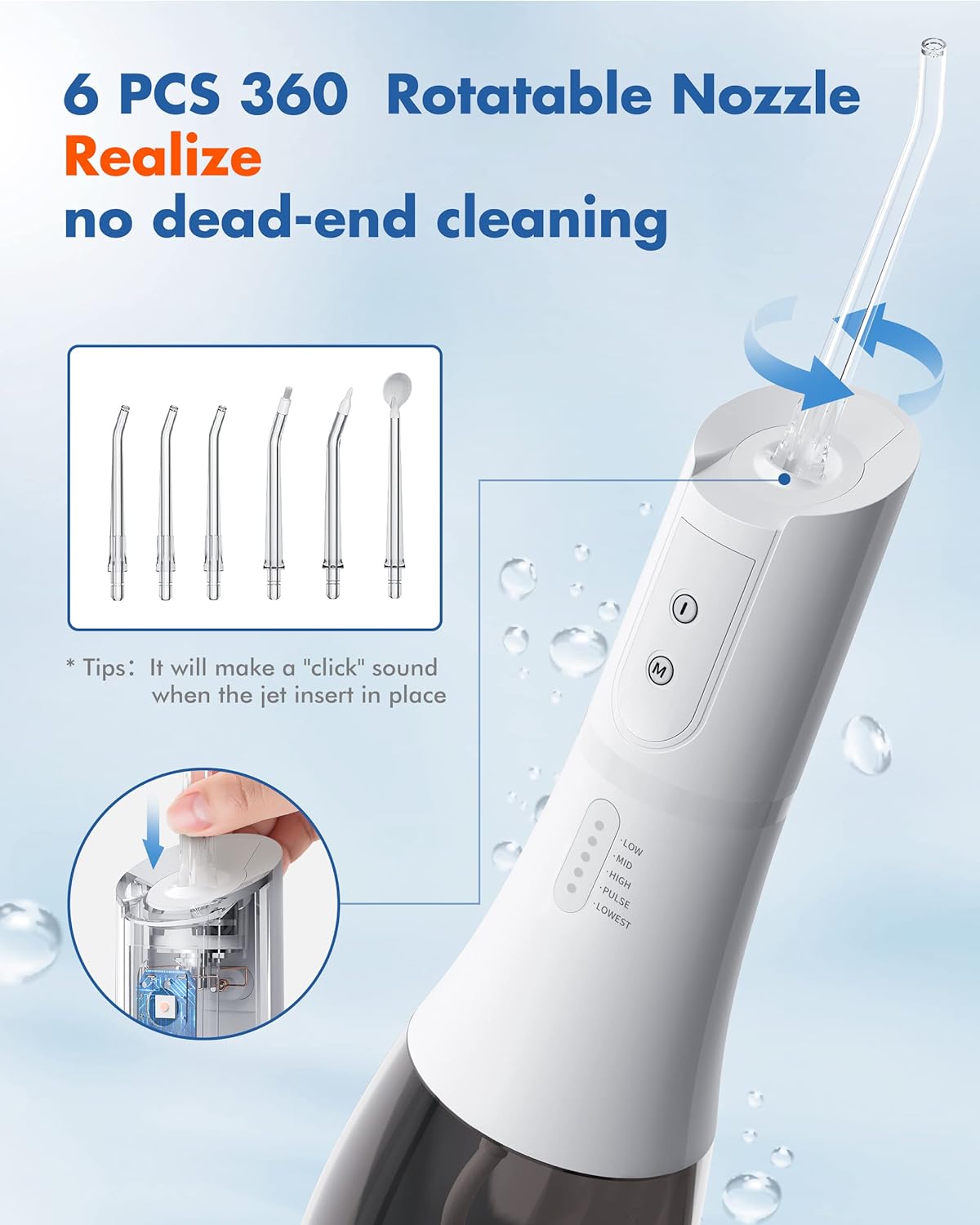 Water Flosser for Teeth Cordless, 360°Rotation Oral Irrigator with 5 Modes & 6 Jet Tips Water Pick Teeth Cleaner, IPX7 Waterproof, 400ML Large capacity,USB Rechargeable for Travel