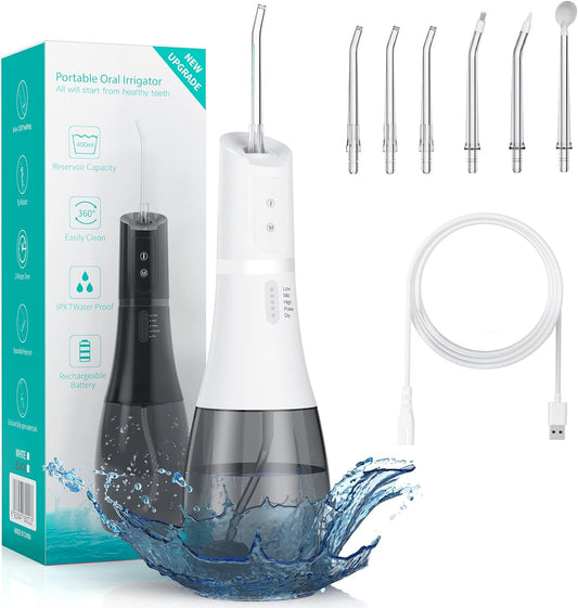 Water Flosser for Teeth Cordless, 360°Rotation Oral Irrigator with 5 Modes & 6 Jet Tips Water Pick Teeth Cleaner, IPX7 Waterproof, 400ML Large capacity,USB Rechargeable for Travel